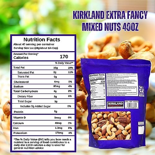 Kirkland Signature Extra Fancy Salted Mixed Nuts, 40 oz - Cashews, Almonds, Pecans, Brazil Nuts and Macadamia Nuts -  Pack of 1 with Multi-Purpose Keychain