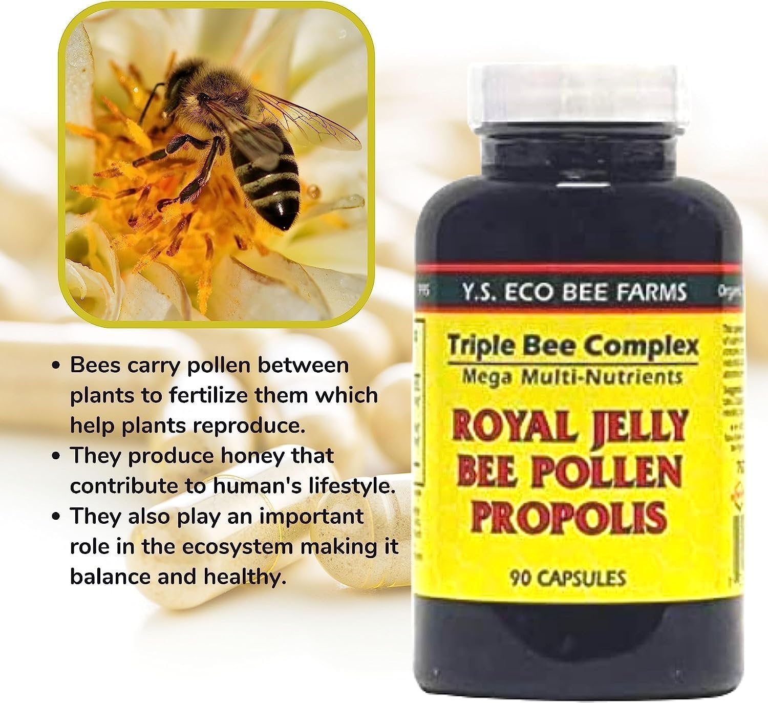 YS Organics Bee Farm Triple Bee Complex Mega Multi-Nutrients - Royal Jelly, Bee Pollen, Propolis - 90 Capsules - with Multi-Purpose Key Chain