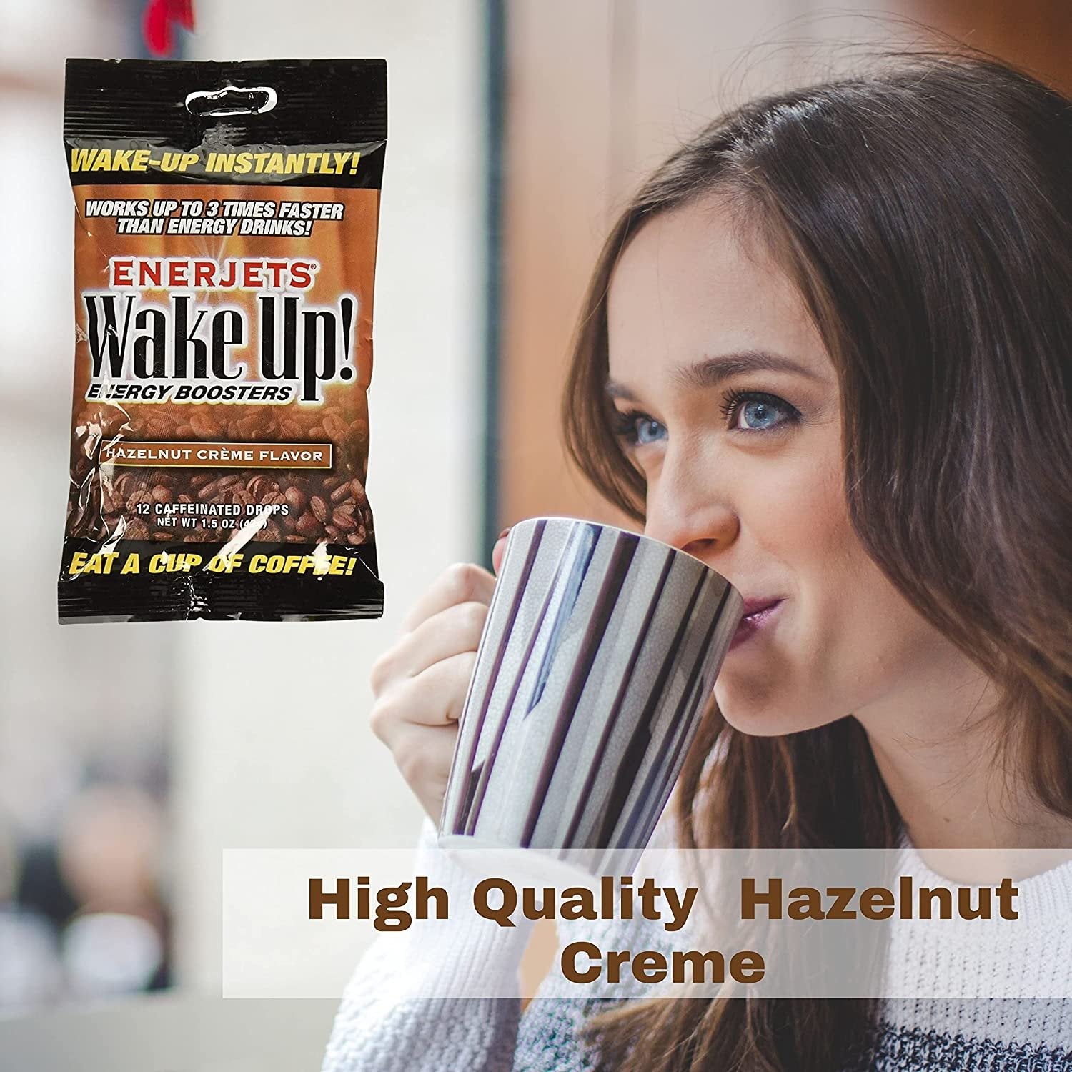 Enerjets Wake Up Energy Booster Caffeinated Drops - Instant Coffee Energy Supplements - Hazelnut Creme Flavor - Pack of 3, 12 Drops Per Package with Keychain