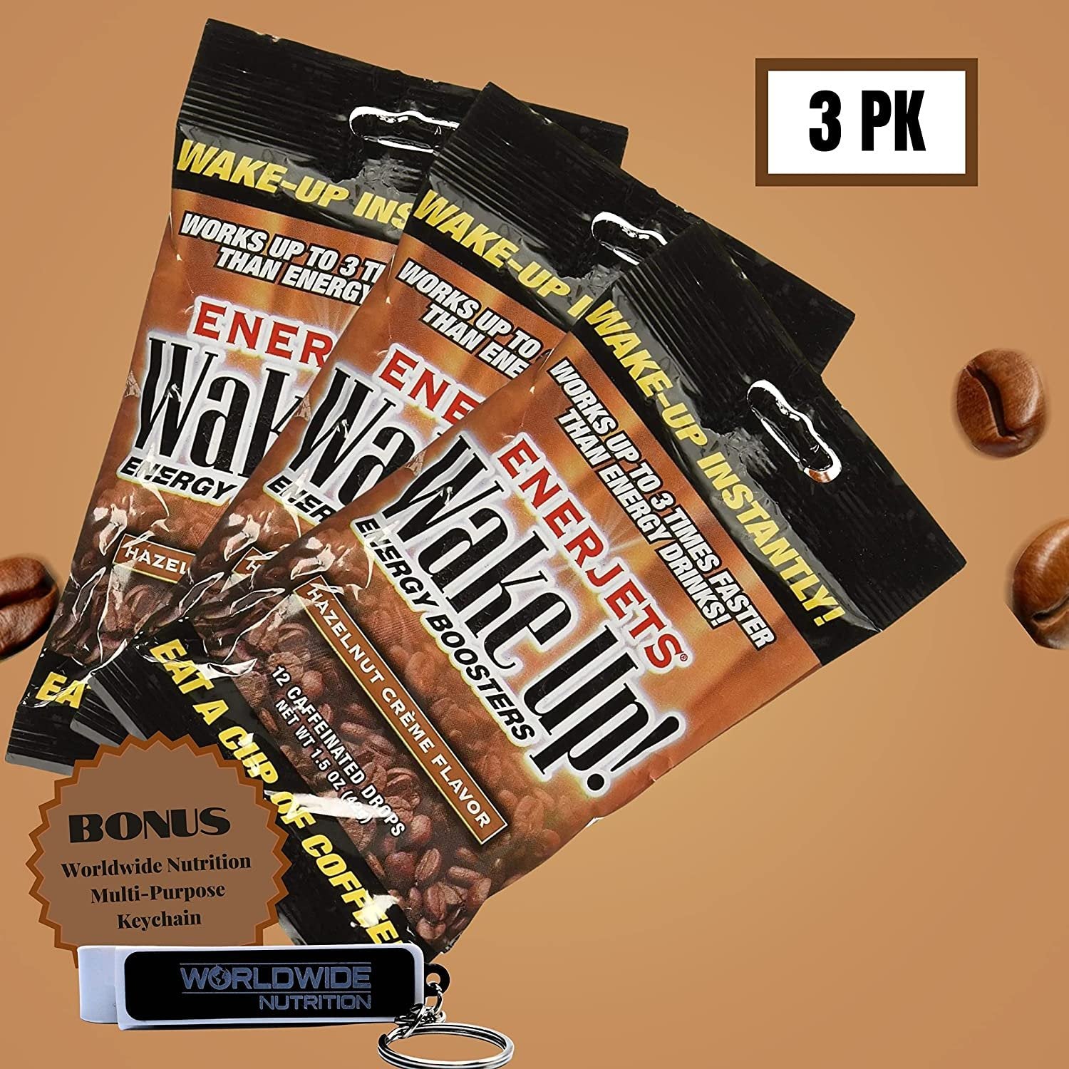 Enerjets Wake Up Energy Booster Caffeinated Drops - Instant Coffee Energy Supplements - Hazelnut Creme Flavor - Pack of 3, 12 Drops Per Package with Keychain