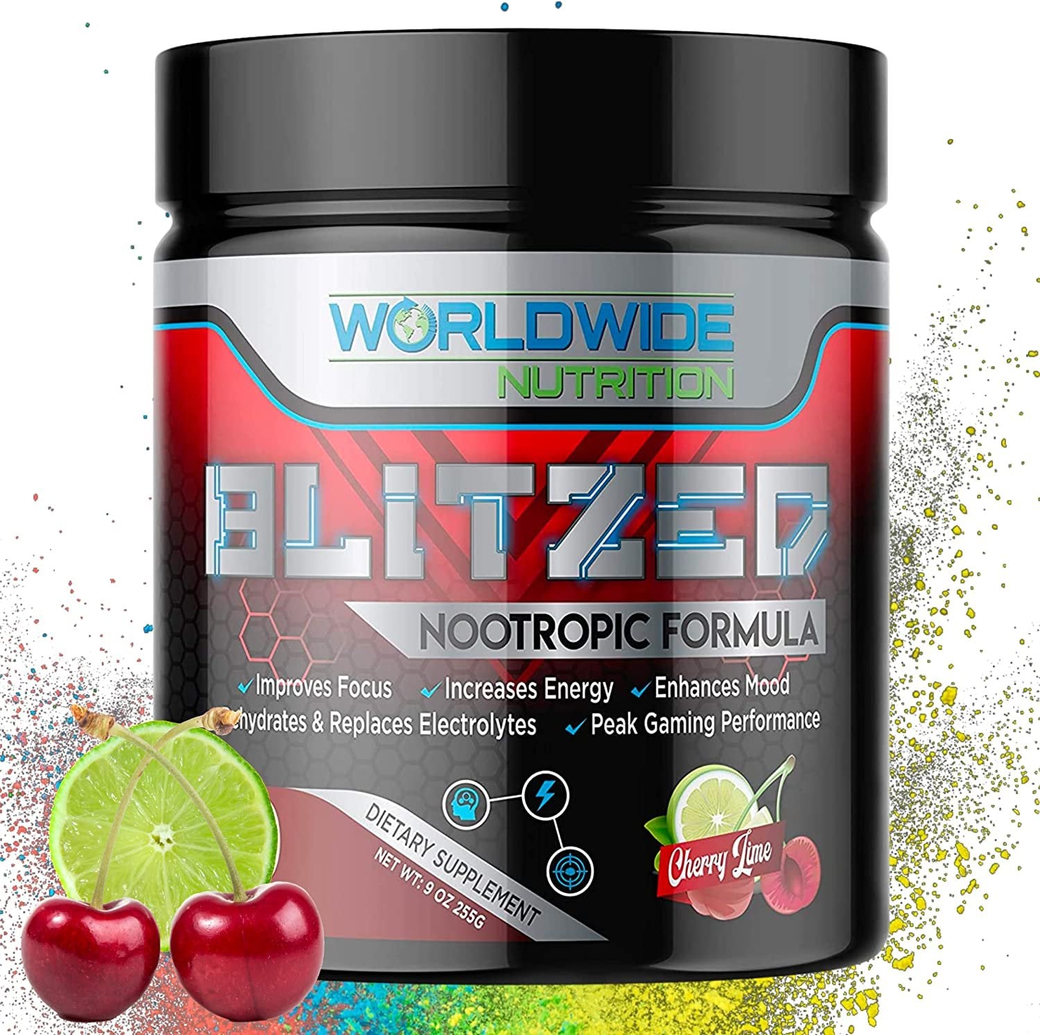 Worldwide Nutrition Blitzed Nootropic Formula - All Natural Energy Drink Mix Powder - Brain Supplements for Memory and Focus - Enhanced Focus and Energy Supplement- Cherry Lime Flavor - 30 Servings