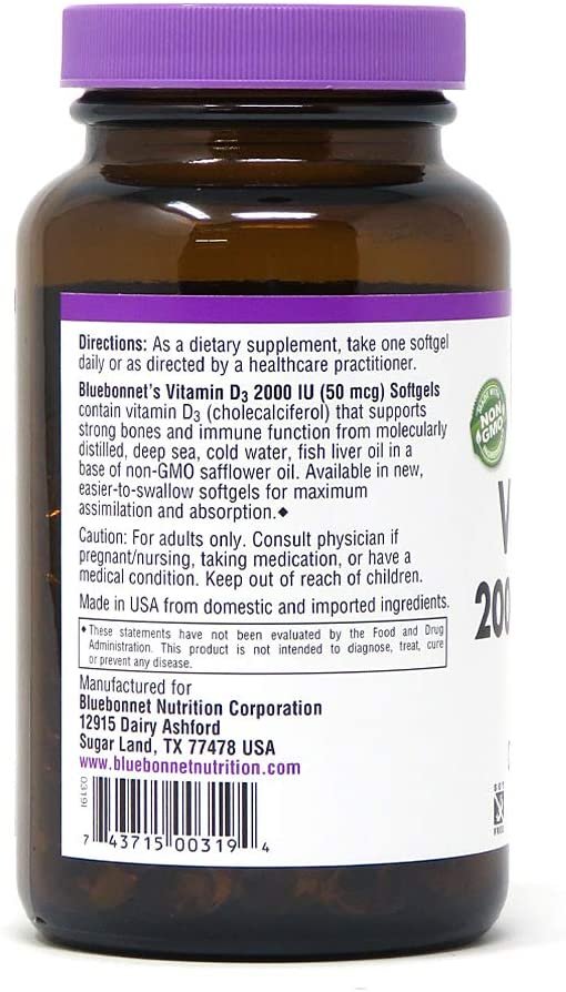 Bluebonnet Nutrition Vitamin D3 2000 IU50 mcg High Potency Immune Support, High Absorption Cold-Water Fish Liver Oil & Plant-Based Non-GMO Safflower Oil, Support Strong Bone, Gluten-Free, 250 Softgels