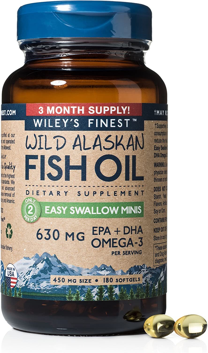 Wild Alaskan Omega-3 Fish Oil - Easy Swallow Minis 2X Double Strength 630mg EPA + DHA Natural Supplement 180 Mini Softgels