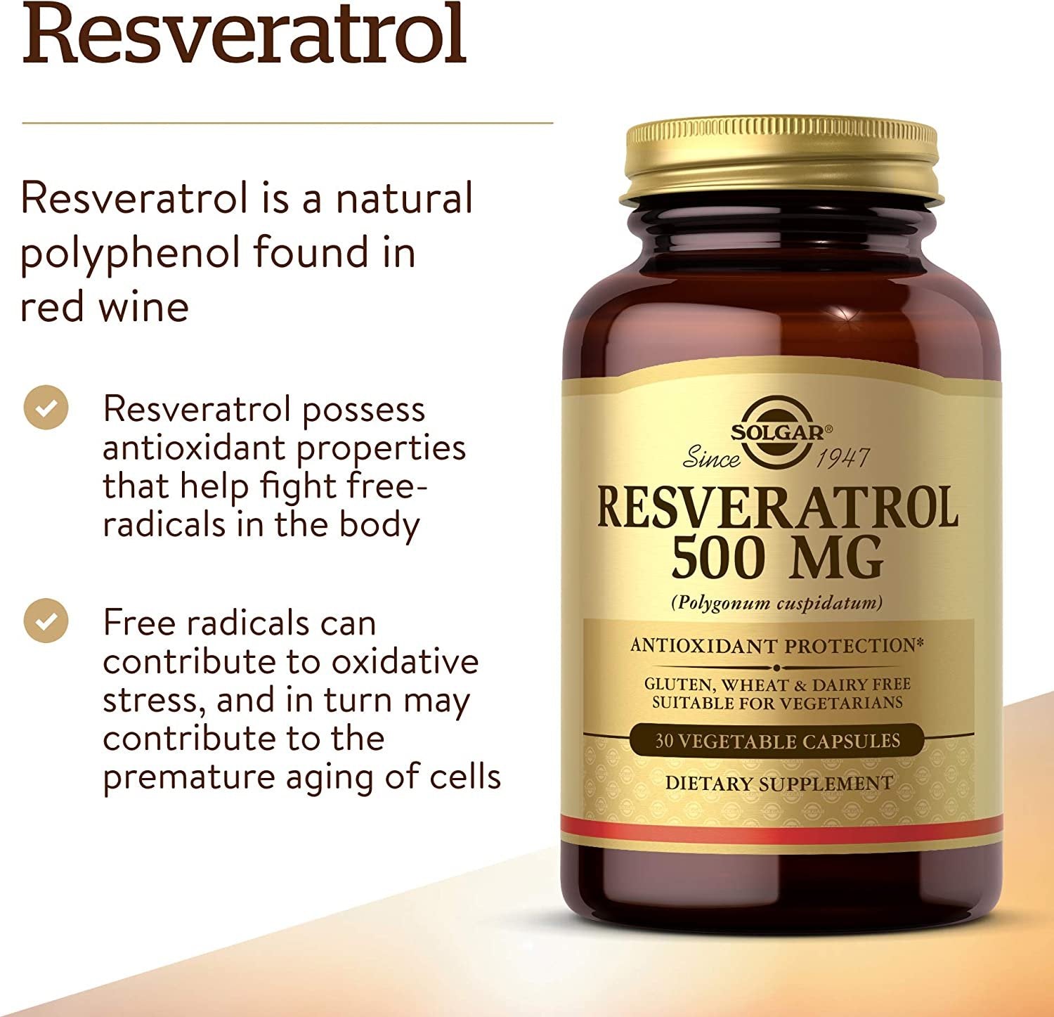 Solgar Resveratrol 500 mg - Antioxidant Protection - Gluten, Dairy Free - 30 Ct