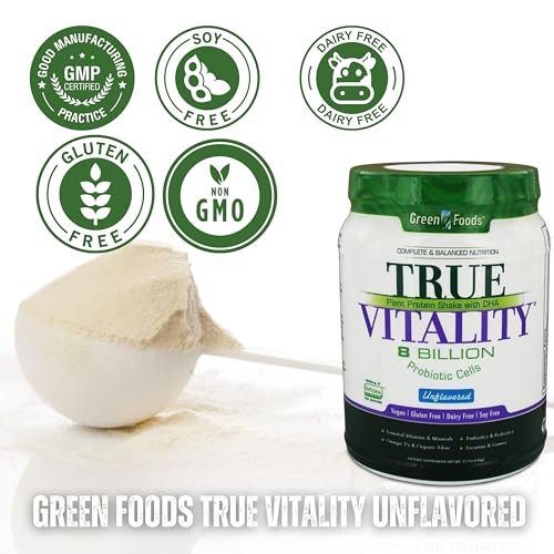 Green Foods True Vitality Plant Protein Shake with DHA Unflavored - 25.2 oz Protein Powder Gluten Free Breakfast Shake Powder and Multi-Purpose Key Chain