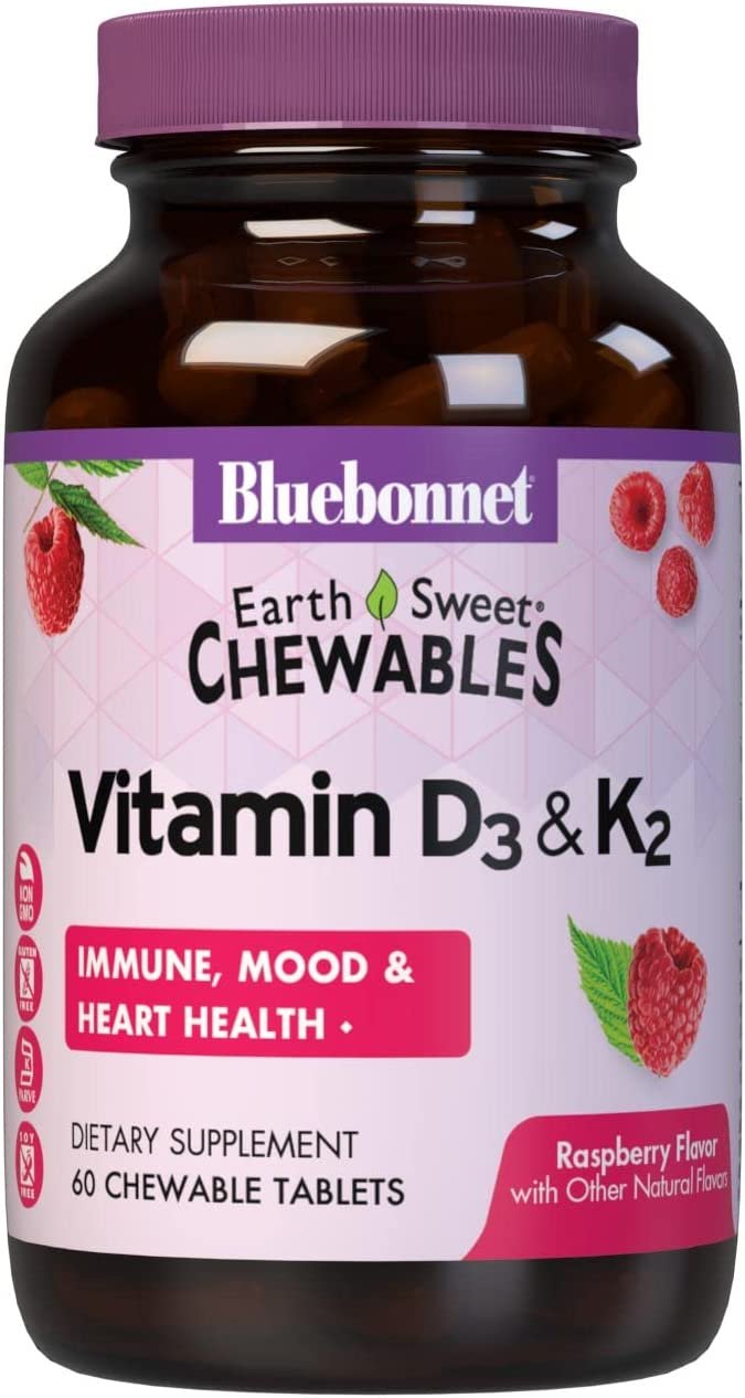 Bluebonnet Nutrition Vitamin D3 & K2 EarthSweet Chewable Tablets, for Immune, Mood & Heart Health*, Soy-Free, Gluten-Free, Non-GMO, Kosher Dairy, 60 Raspberry Flavor Chewable Tablets, 60 Servings