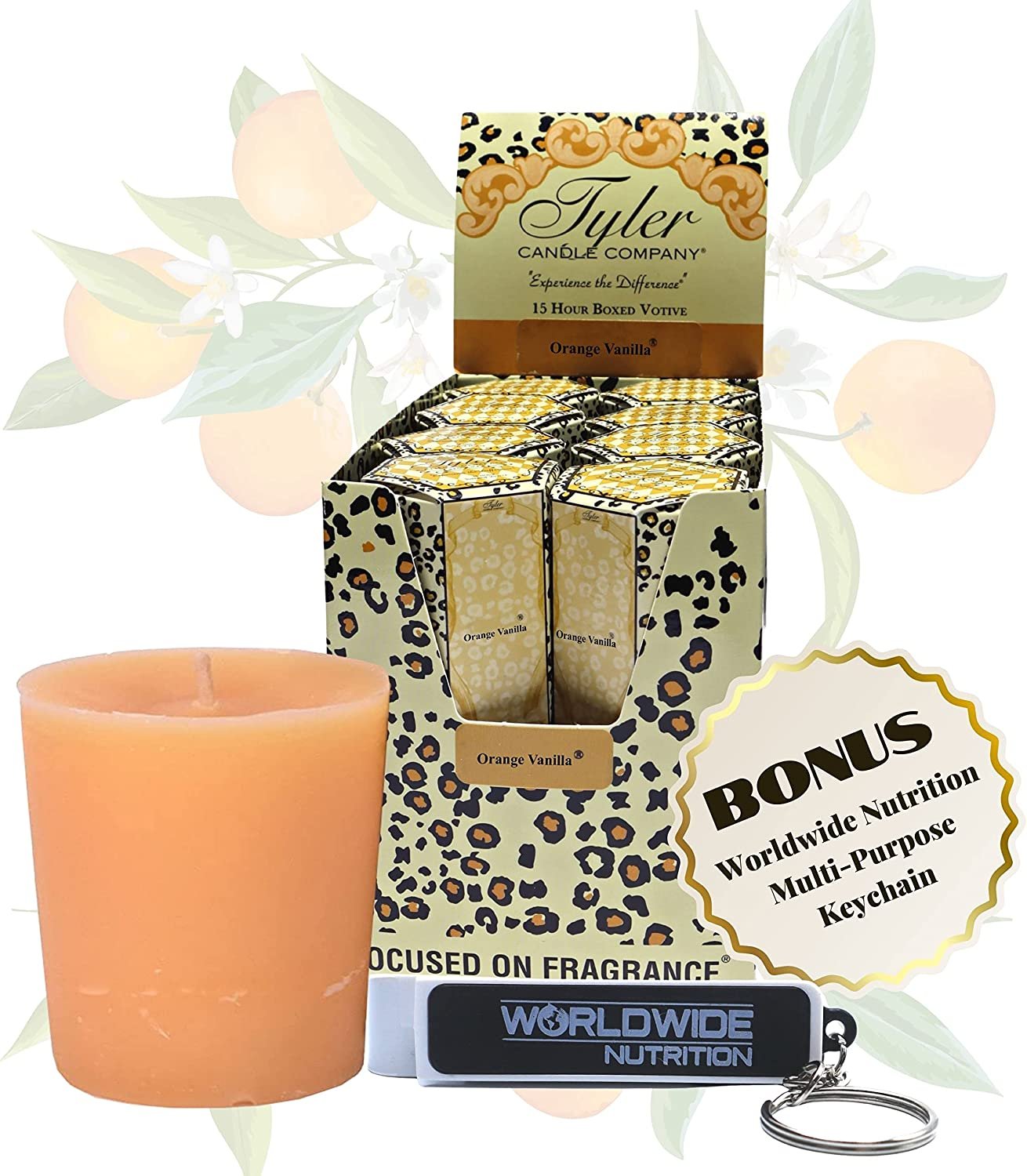 Tyler Candle Company Orange Vanilla Votive Candles - Luxury Scented Candle with Essential Oils - 16 Pack of 2 oz Small Candles with 15 Hour Burn Time Each - with Bonus Key Chain