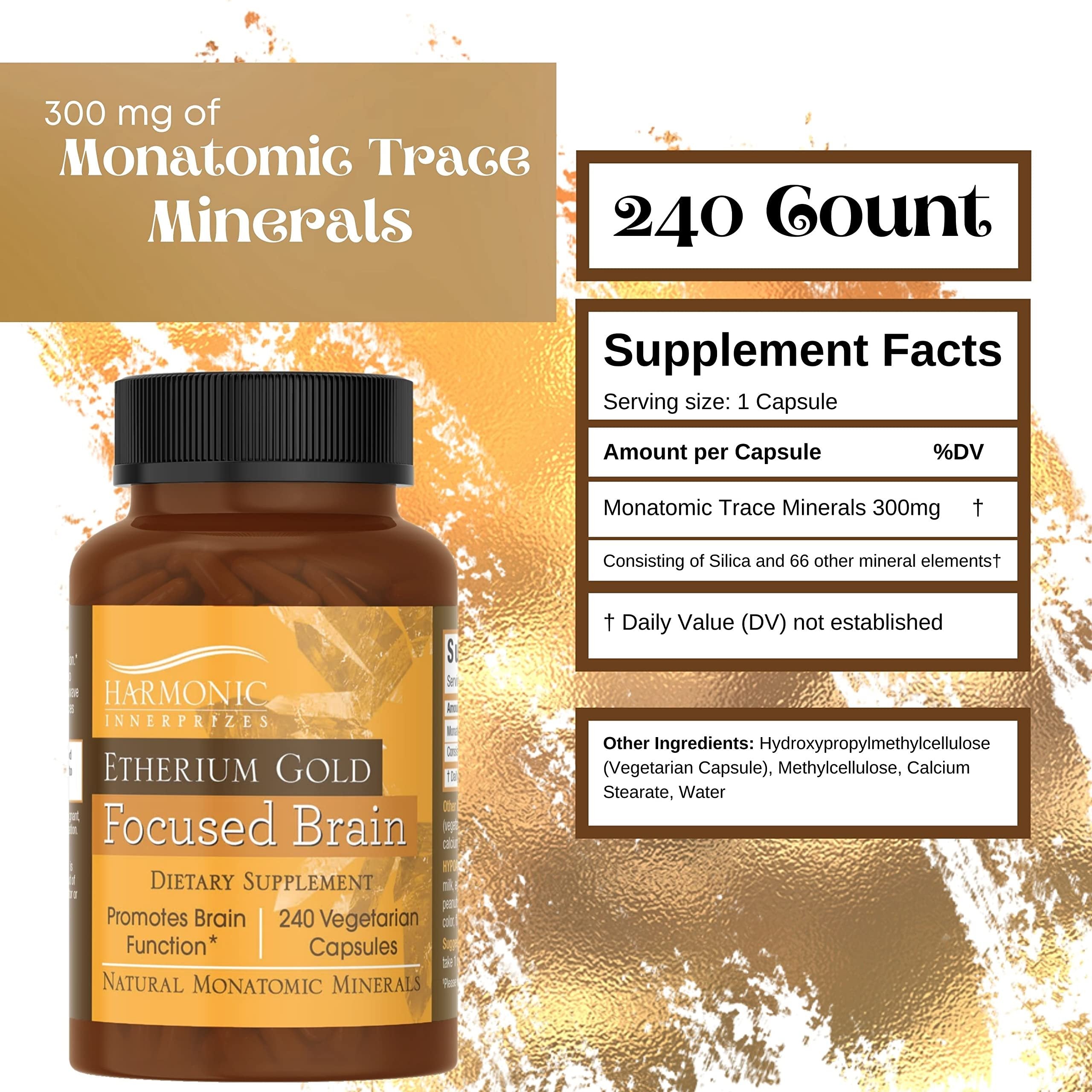 Harmonic Innerprizes Etherium Gold Focused Brain Dietary Supplement - 240 Count Veggie Capsules - Focus, Mood, Brain & Memory Support Supplement with Natural Monatomic Gold Capsules w Bonus Key Chain