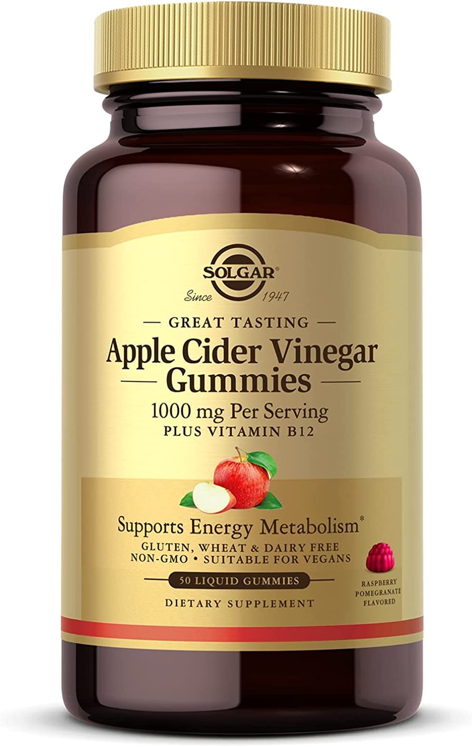 Solgar Apple Cider Vinegar 1000 mg Gummies, Great-Tasting Raspberry Pomegranate Flavor, Plus Vitamin B12, Supports Energy Metabolism, Non-GMO & Vegan, 25 Servings, 50 Count