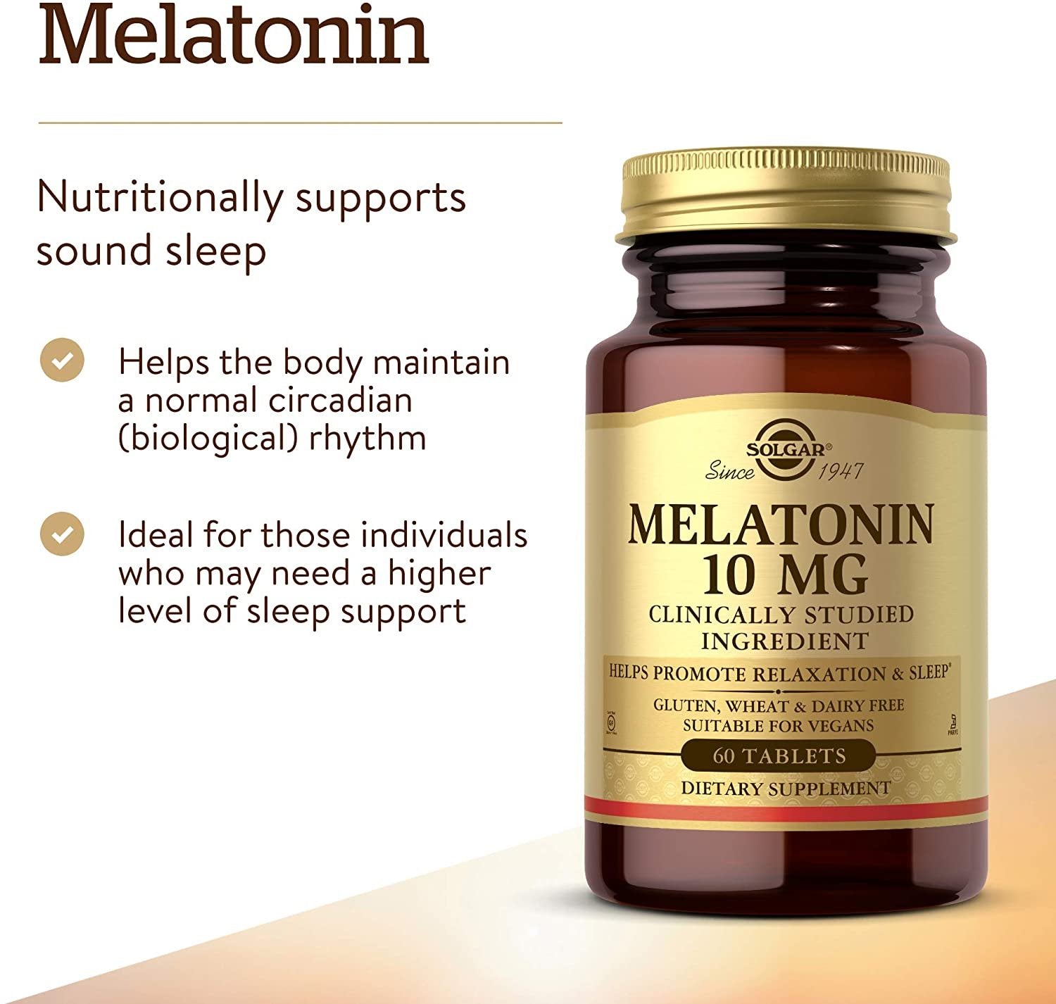 Solgar Melatonin 10mg, 60 Tablets - High-Dosage - Helps Promote Relaxation & Sleep - Clinically-Studied Melatonin - Supports Natural Sleep Cycle - Vegan, Gluten Free, Dairy Free, Kosher - 60 Servings