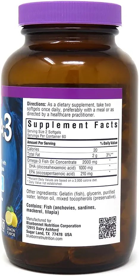 Bluebonnet Nutrition Omega-3 Brain Formula Natural Wild Caught Triglyceride Form DHA 1000 mg EPA 210 mg - Highly Concentrated Cognitive Health & Wellness Support Supplement - Gluten-Free - 120 Softgel