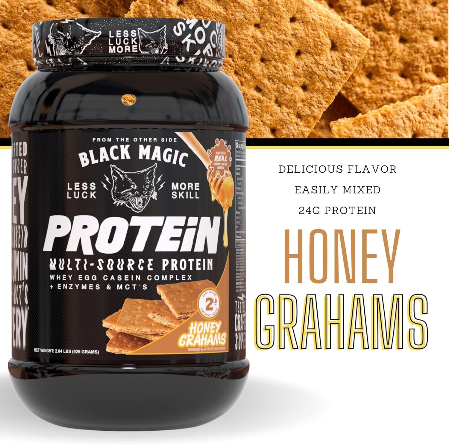 Black Magic Multi-Source Protein - Whey, Egg, and Casein Complex with Enzymes & MCT Powder - Pre Workout and Post Workout - Honey Grahms Protein Powder - 24g Protein - 2 LB with Bonus Key Chain