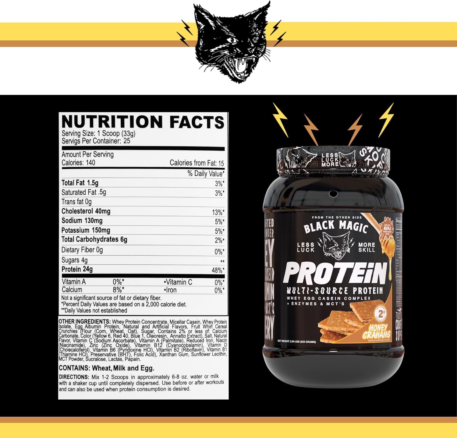 Black Magic Multi-Source Protein - Whey, Egg, and Casein Complex with Enzymes & MCT Powder - Pre Workout and Post Workout - Honey Grahms Protein Powder - 24g Protein - 2 LB with Bonus Key Chain