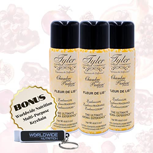 Tyler Candle Company Fleur De Lis Signature Fragrance Chambre Parfum - Luxury Scent Air Freshener Spray - Ultimate Aromatic Experience - Home Essentials - 3 Pack of 4 Oz Container with Bonus Key Chain