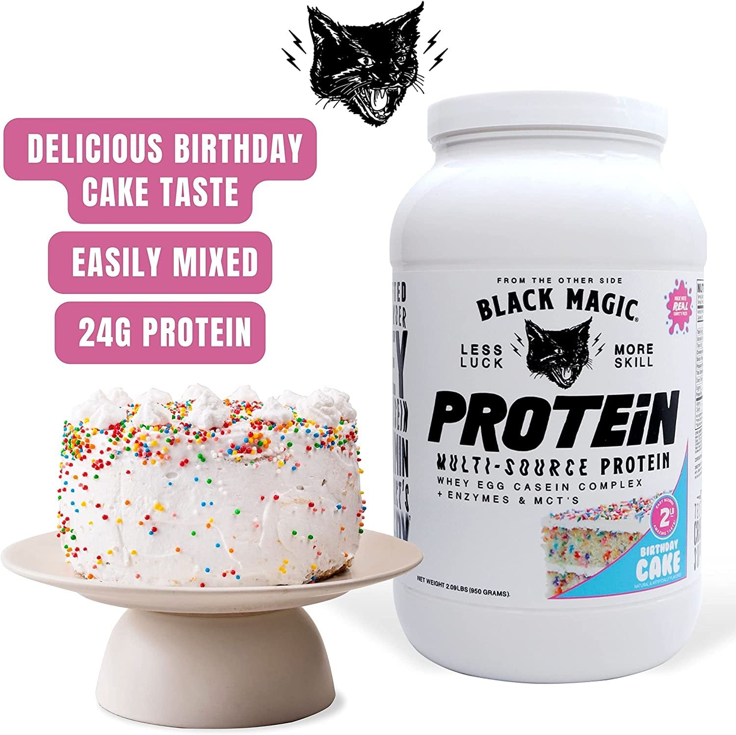 Birthday Cake Black Magic Multi-Source Protein - Whey, Egg, and Casein Complex with Enzymes & MCT Powder - Pre Workout and Post Workout - 24g Protein - 2 LB with Bonus Key Chain