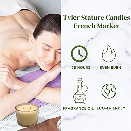 Tyler Candle Company French Market Stature Candle - Luxury Home Fragrance French Market Scented Candle - Stature Model Home Decor in Clear Glass Candle Holder - 16 Oz, 2 Wick Candle w Bonus Key Chain