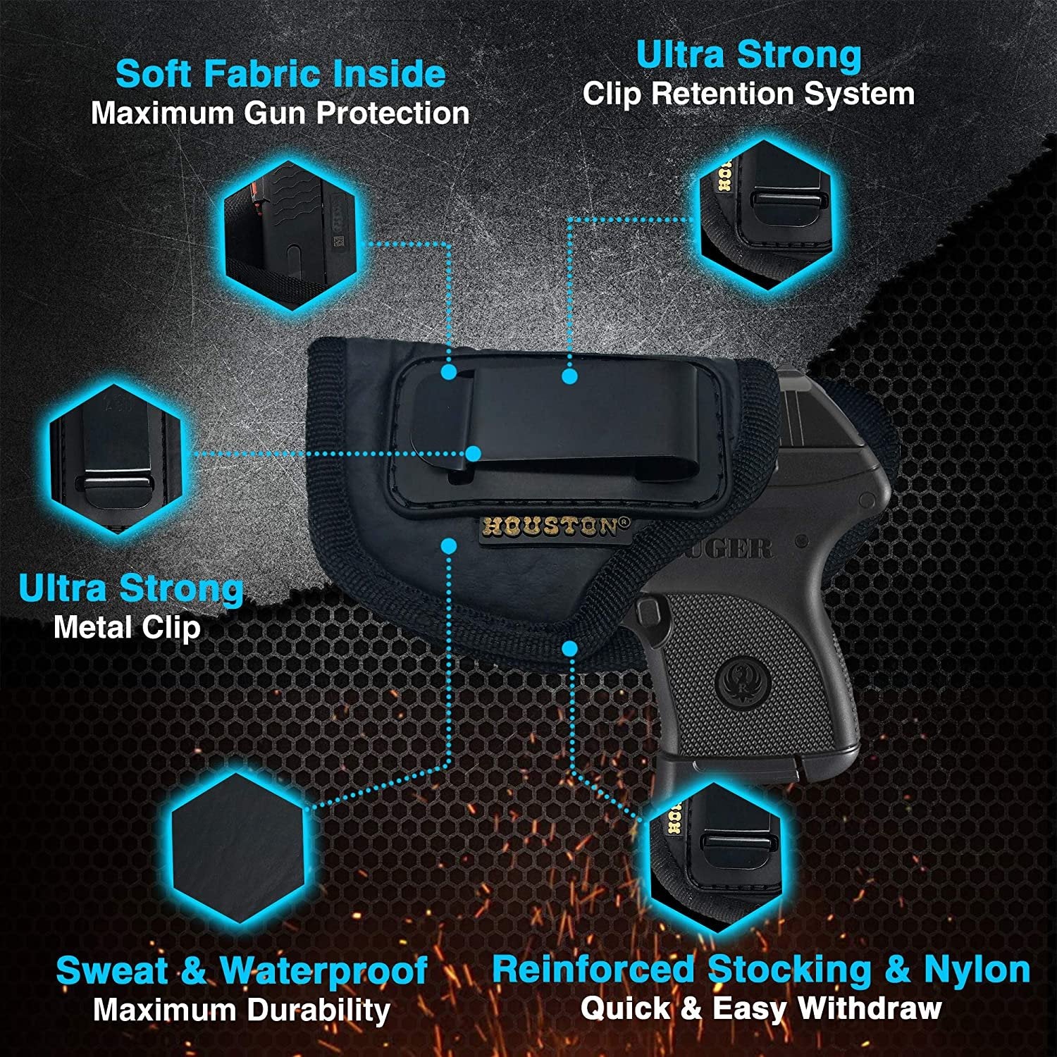 IWB Gun Holster by Houston - ECO Leather Concealed Carry Soft Material | Suede Interior for Maximum Protection | Fits: S&W Bodyguard, Ruger, Taurus TCP, Sig P238, Jimenez JA, PPK .380