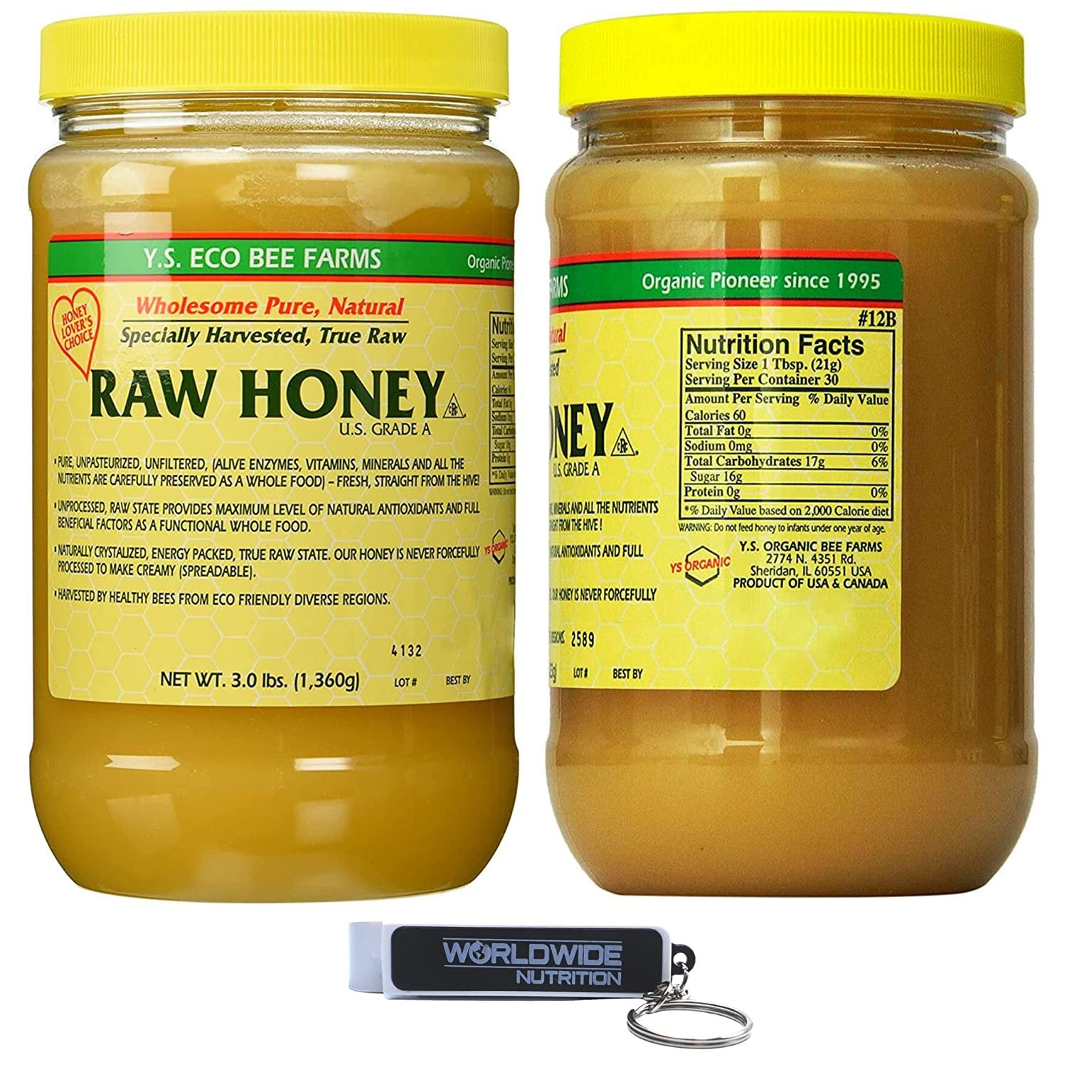 Y.S. Eco Bee Farms, Wholesome Natural Raw Honey, Unpasteurized, Unfiltered, Fresh Raw State, Kosher, Pure, Natural, Healthy, Safe, Gluten Free, Specially Harvested, 3lb - with Bonus Key Chain