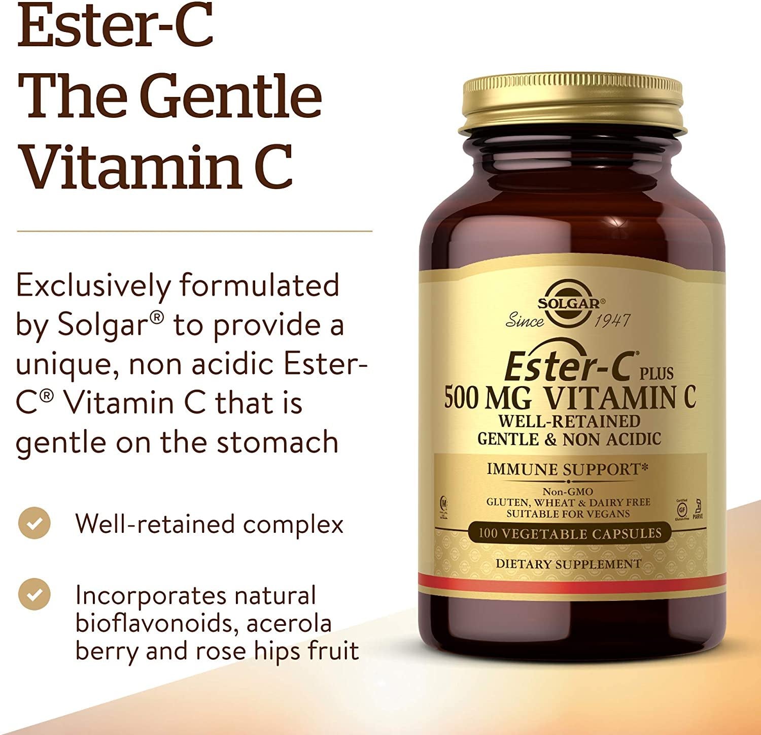 Solgar Ester-C Plus 500 mg Vitamin C (Ascorbate Complex) - Gentle & Non Acidic - Antioxidant & Immune Support - 100 Vegetable Capsules (100 Servings)