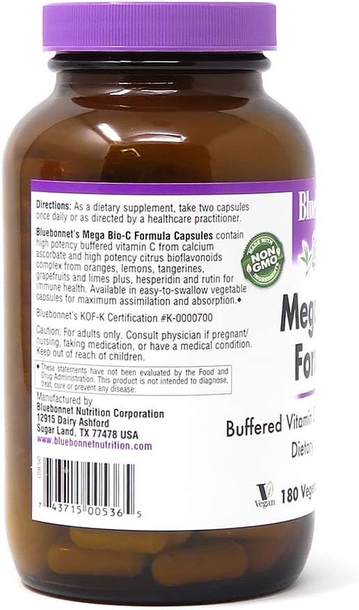 Bluebonnet Nutrition Mega Bio-C Formula Vegetable Capsules, High Potency Buffered Vitamin C, for Immune Health, Soy Free, Gluten Free, Non-GMO, Kosher, Dairy Free, Vegan, 180 Count