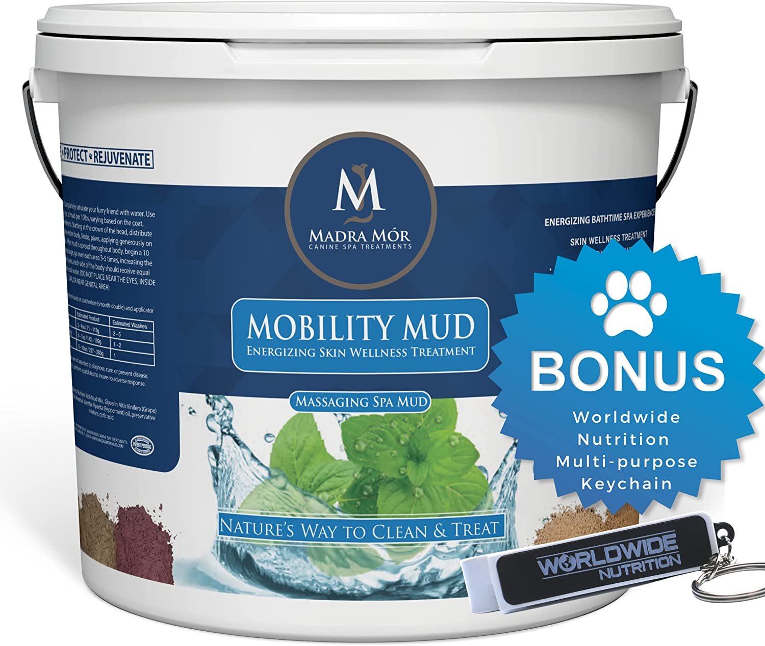 Worldwide Nutrition Madra Mor Mobility Dog Essentials Mud Bath | Dog Bath Spa Treatment for Dog Arthritis Pain Relief | Anti Itch for Dogs Wash for Dog Grooming | 7.5lb Pail w Multi Purpose Key Chain