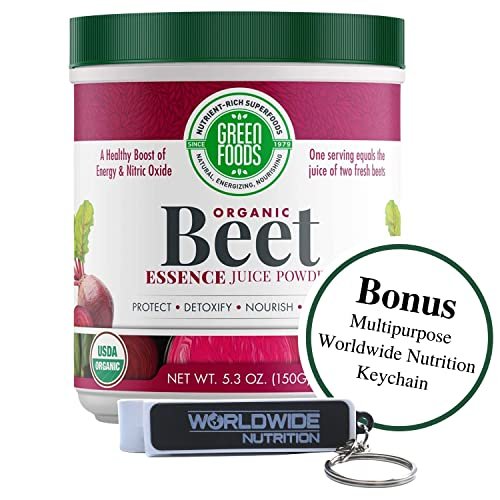 Green Foods - Organic Beet Essence Juice Powder- Nitric Oxide Super Food, Wholefood Antioxidant, Natural Pre Workout, Energy, Endurance, Detox, Heart Health 5.3oz (30 Servings) with Bonus Key Chain