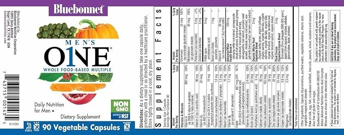 Bluebonnet Nutrition Men’s One Vegetable Capsule, Whole Food Multiple, K2, Organic, Energy, Vitality, Non-GMO, Gluten, Soy & Milk Free, Kosher, 3 Month Supply, 90 Count