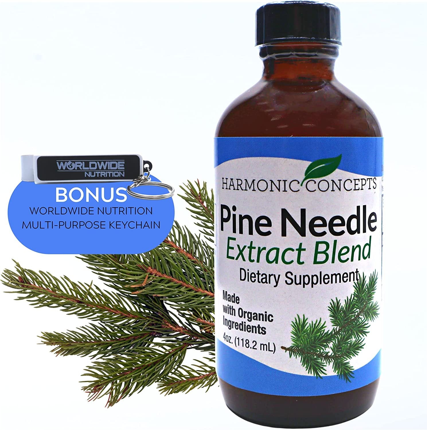 Harmonic Concepts Pine Needle Extract Blend - Organic Liquid Dietary Supplement - Vitamin A and Vitamin C - Immune Support Supplement - 4 Oz with Worldwide Nutrition Multi Purpose Key Chain