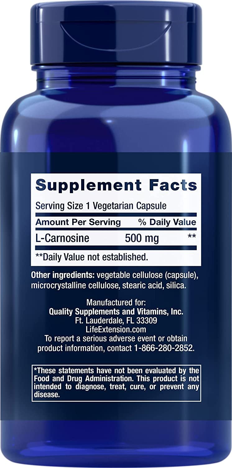Life Extension Carnosine 500mg Potent, Anti-Aging L-Carnosine Supplement - Antioxidant - Non-GMO, Gluten-Free - 60 Vegetarian Capsules