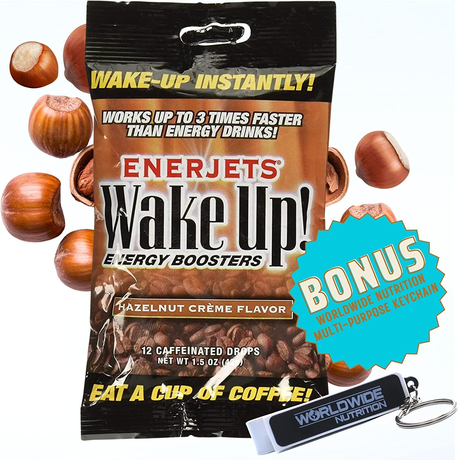 Enerjets Wake Up Energy Booster Caffeinated Drops - Instant Coffee Energy Supplements - Hazelnut Creme Flavor - Pack of 12, 12 Drops Per Package with Worldwide Nutrition Multi Purpose Key Chain