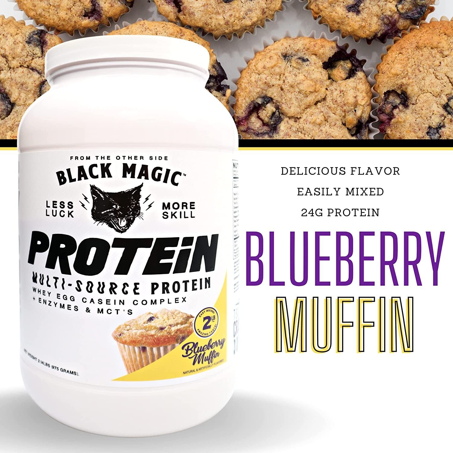 Blue Muffin Black Magic Multi-Source Protein - Whey, Egg, and Casein Complex with Enzymes & MCT Powder - Pre Workout and Post Workout - 24g Protein - 2 LB with Bonus Key Chain