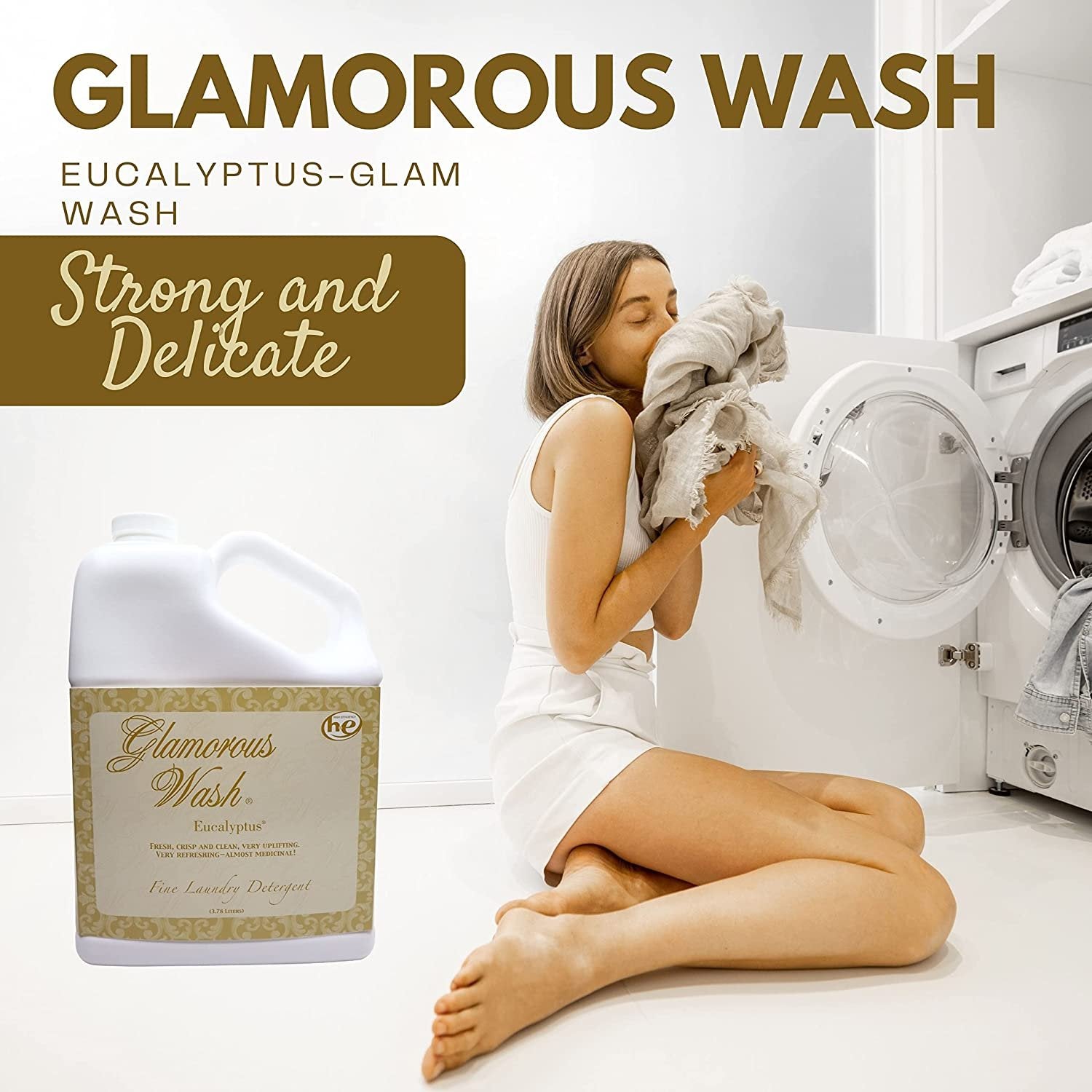 Tyler Candle Company Glamorous Wash Eucalyptus Scent Fine Laundry Liquid Detergent - Liquid Laundry Detergent for Clothing - Hand and Machine Washable - 3.78L (1Gal) Container with Bonus Key Chain
