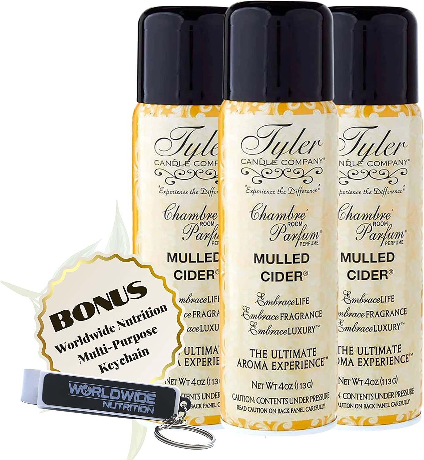 Tyler Candle Company Mulled Cider Signature Fragrance Chambre Parfum - Luxury Scent Air Freshener Spray - Ultimate Aromatic Experience - Home Essentials - 3 Pack of 4 Oz Container with Bonus Key Chain