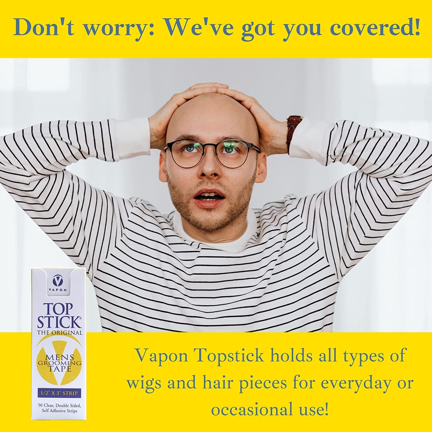 Vapon Topstick - The Original Men's Grooming Tape - 150 Count 3 Boxes 1/2" x 3" Double Sided, Self Adhesive, Clear Tape for Toupee and Wig Adhesion - Hypo Allergenic, Waterproof, and Latex Free