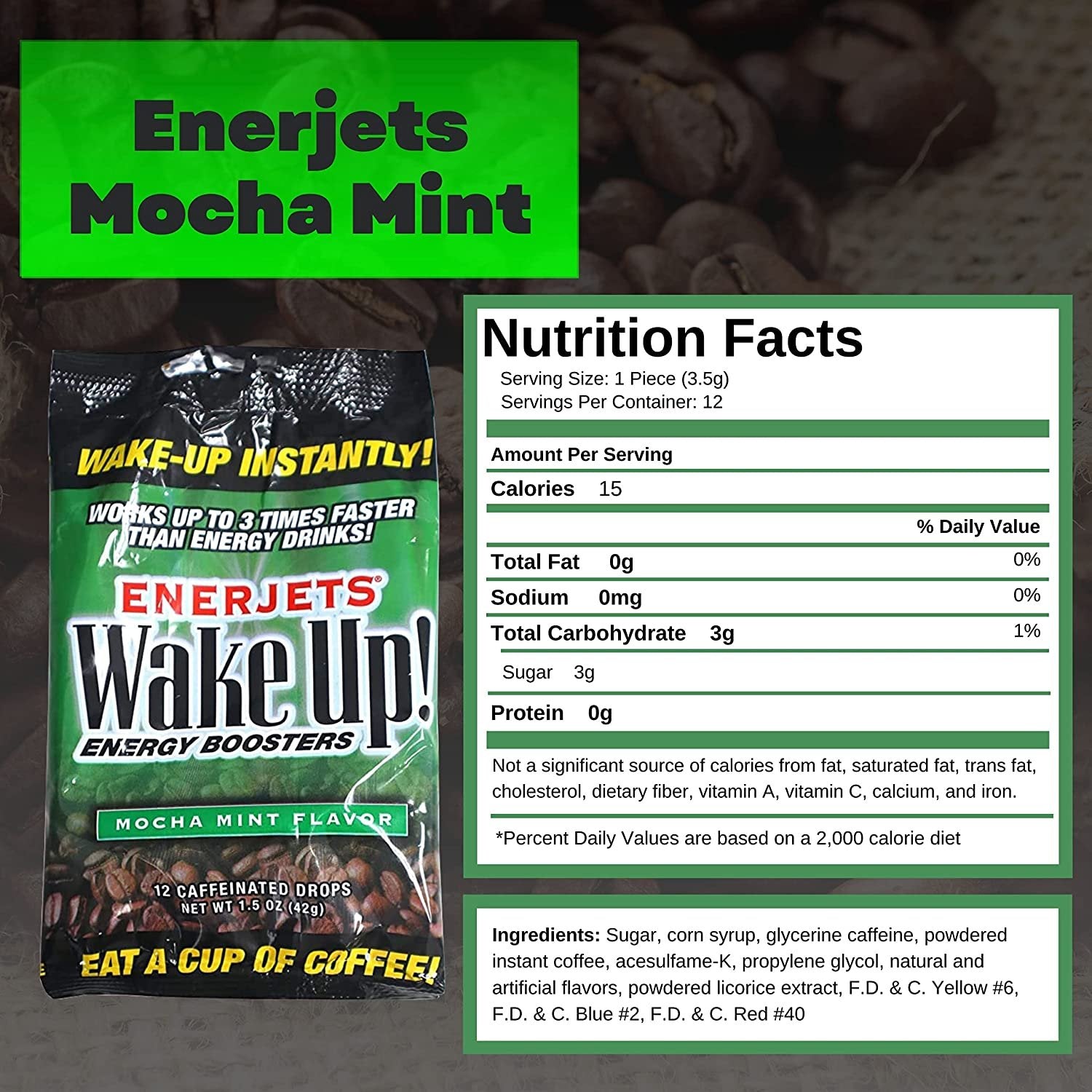 Worldwide Nutrition Enerjets Wake Up Energy Booster Caffeinated Drops - Instant Coffee Energy Supplements - Mocha Mint Flavor - Pack of 6, 12 Drops Per Package with Worldwide Multi Purpose Key Chain