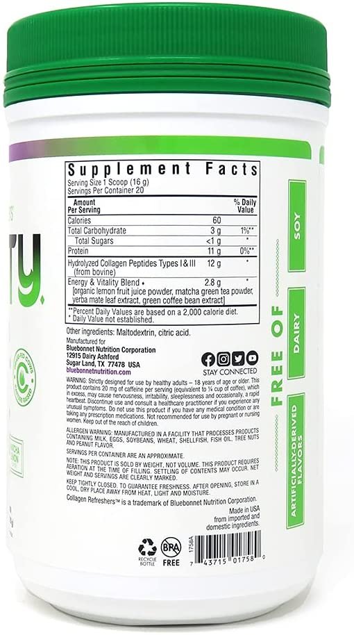 Bluebonnet Nutrition Collagen Refreshers Vitality Powder, Keto and Paleo, Energy Boost*, Soy-Free, Gluten-Free, Non-GMO, Grass-fed Cows, Pasture Raised, 11.29 oz, 20 Servings, Matcha Lemon Flavor