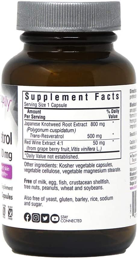 Bluebonnet Nutrition Beautiful Ally Resveratrol 500mg, Best for Skin, Antioxidant, Beauty Nutrient, Vegan, Vegetarian, Non GMO, Gluten Free, Soy Free, 30 Vegetable Capsules, 30 Servings