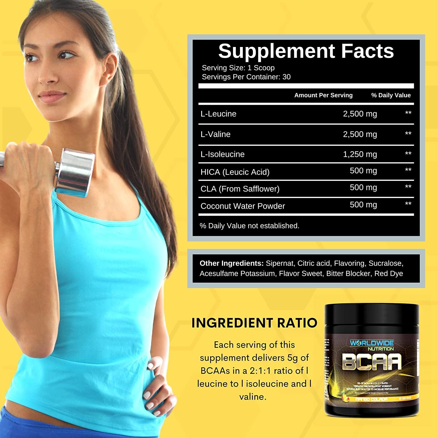 Worldwide Nutrition BCAA Powder - Branched Chain Amino Acids - Pre Intra Post Workout Supplement for Men and Women - Natural Electrolytes Powder for BCAA Energy - Mango Colada - 30 Servings