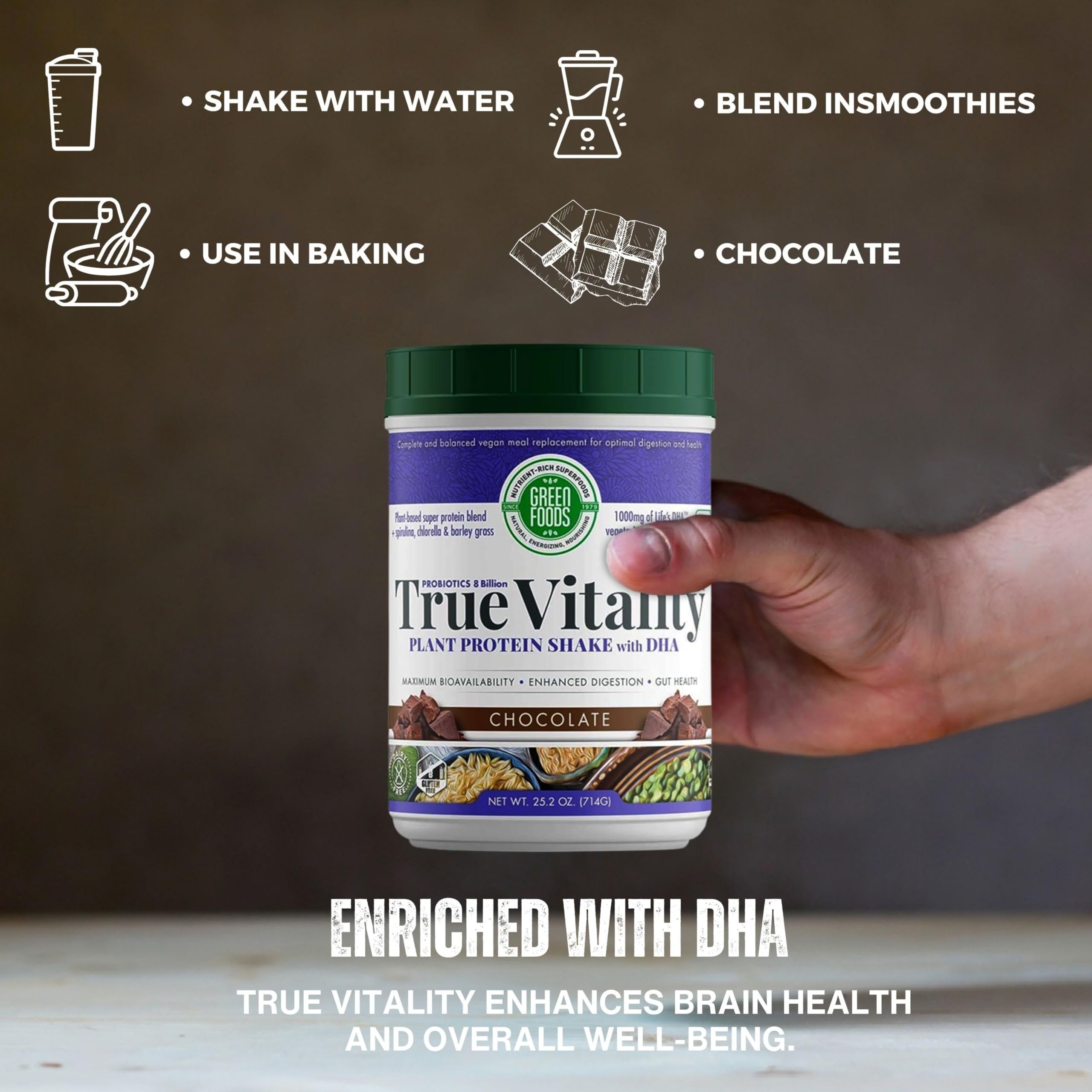 Green Foods True Vitality Plant Protein Shake with DHA Chocolate- 25.2 oz Protein Powder Gluten Free Breakfast Shake Powder and Multi-Purpose Key Chain