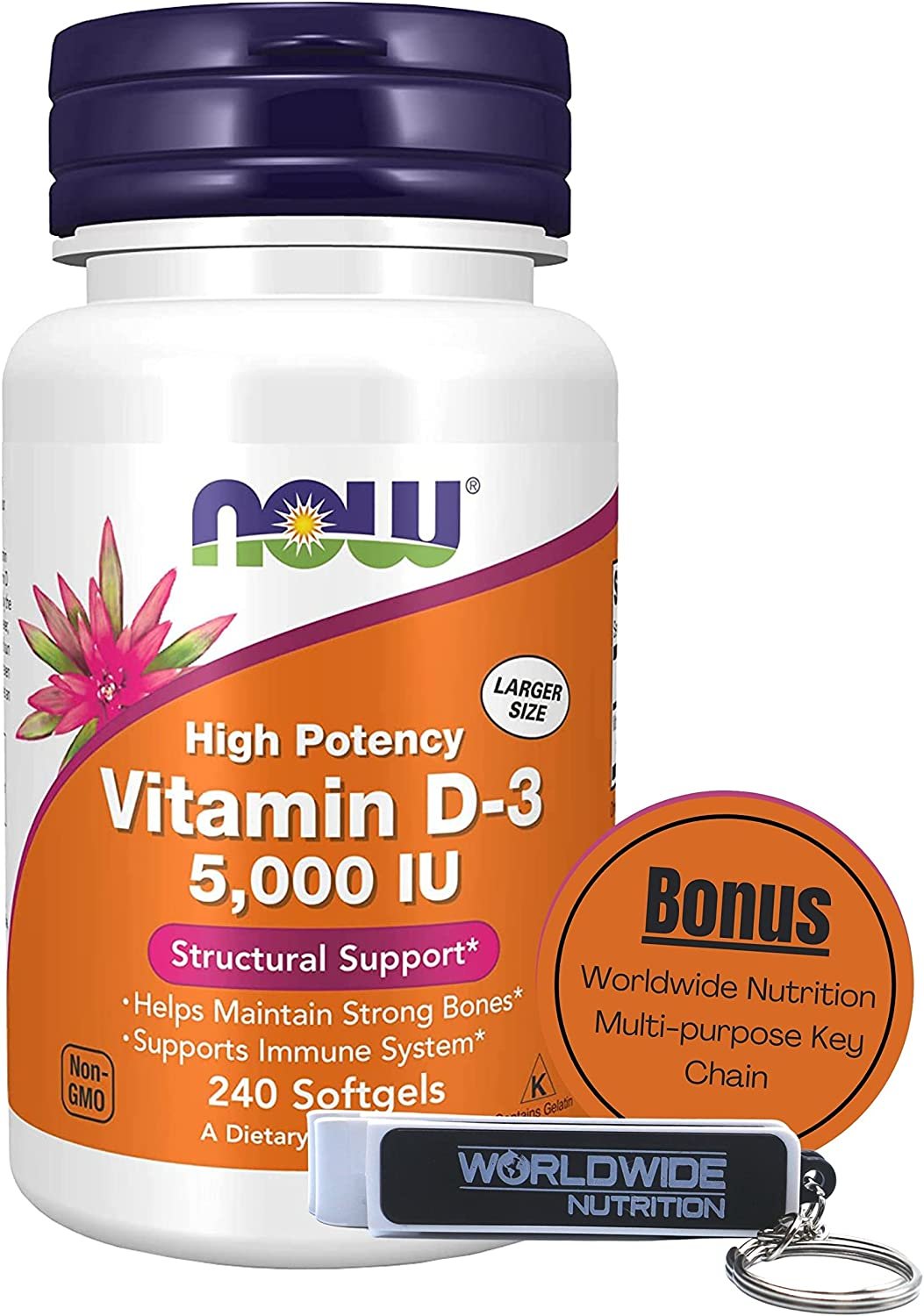 Worldwide Nutrition Now Supplements Vitamin D3 5000 IU Softgels - High Potency Formula for Structural Support - 240 Count Softgels Multi Purpose Key Chain
