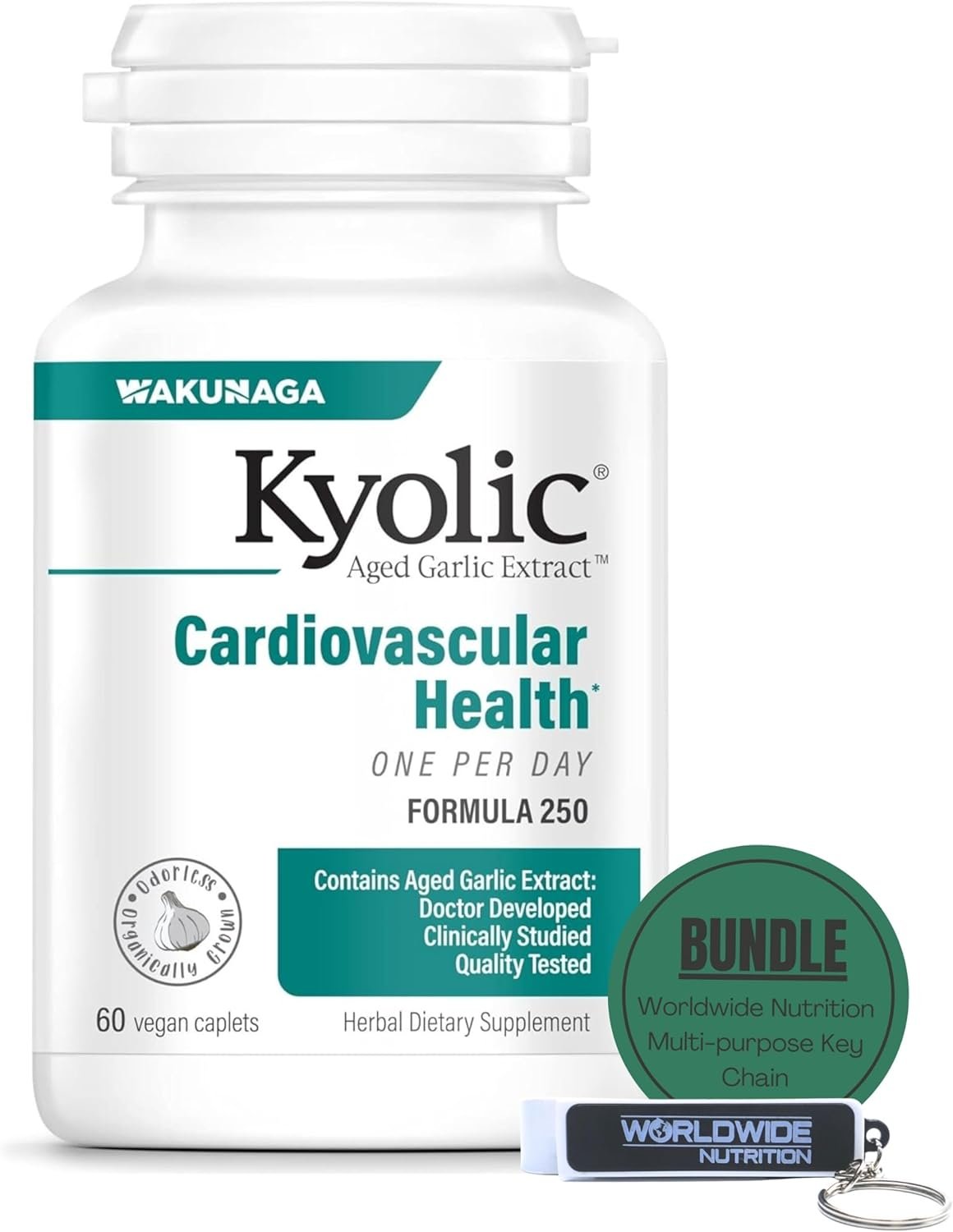 Worldwide Nutrition Bundle, 2 Items: Kyolic Aged Garlic Extract Formula 250, Cardiovascular Health, One Per Day, 60 Vegan Capsules and Multi-Purpose Key Chain (Packaging May Vary)