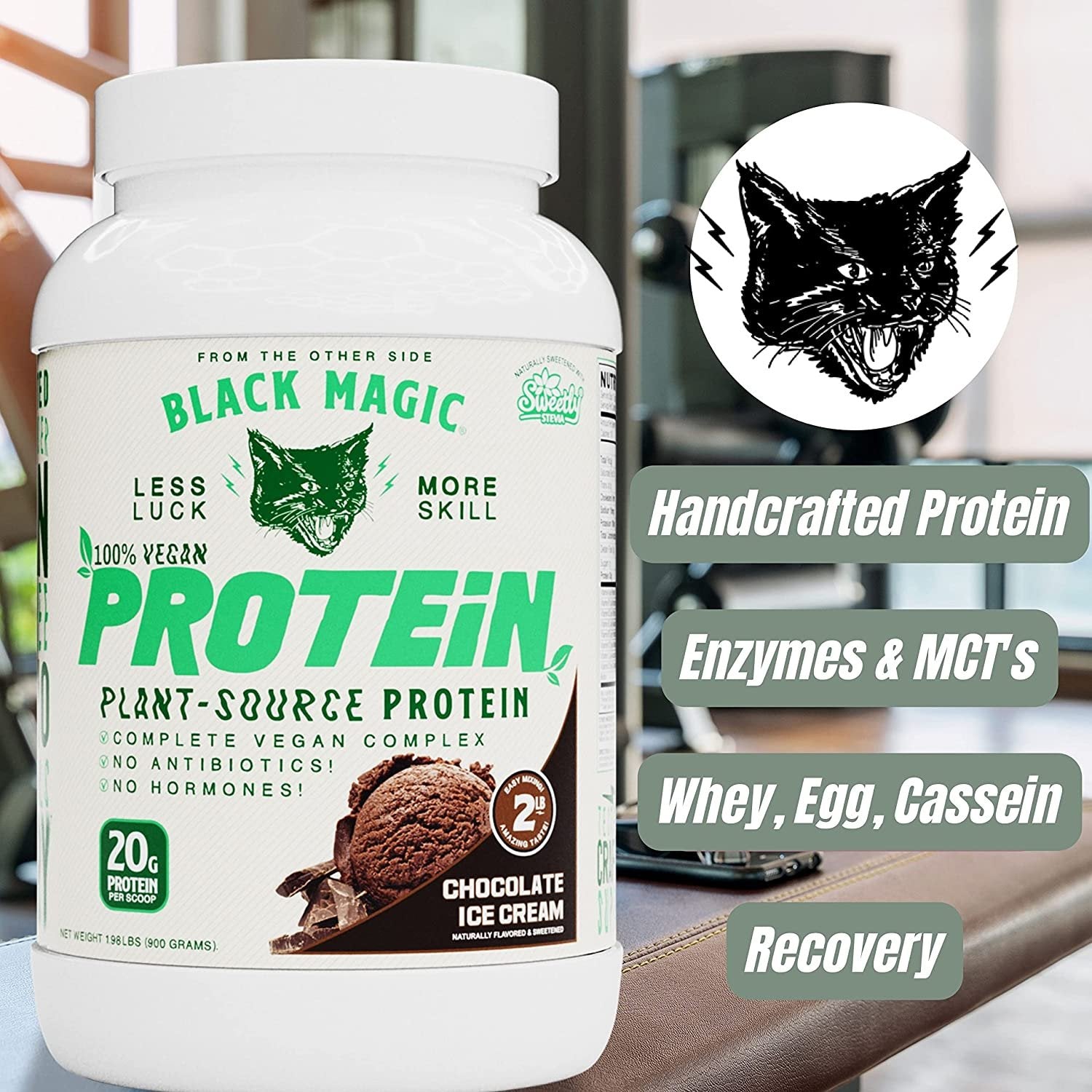 Vegan Chocolate Ice Cream Black Magic Multi-Source Protein - Whey, Egg, and Casein Complex with Enzymes & MCT Powder - Pre Workout and Post Workout - 24g Protein - 2 LB with Bonus Key Chain