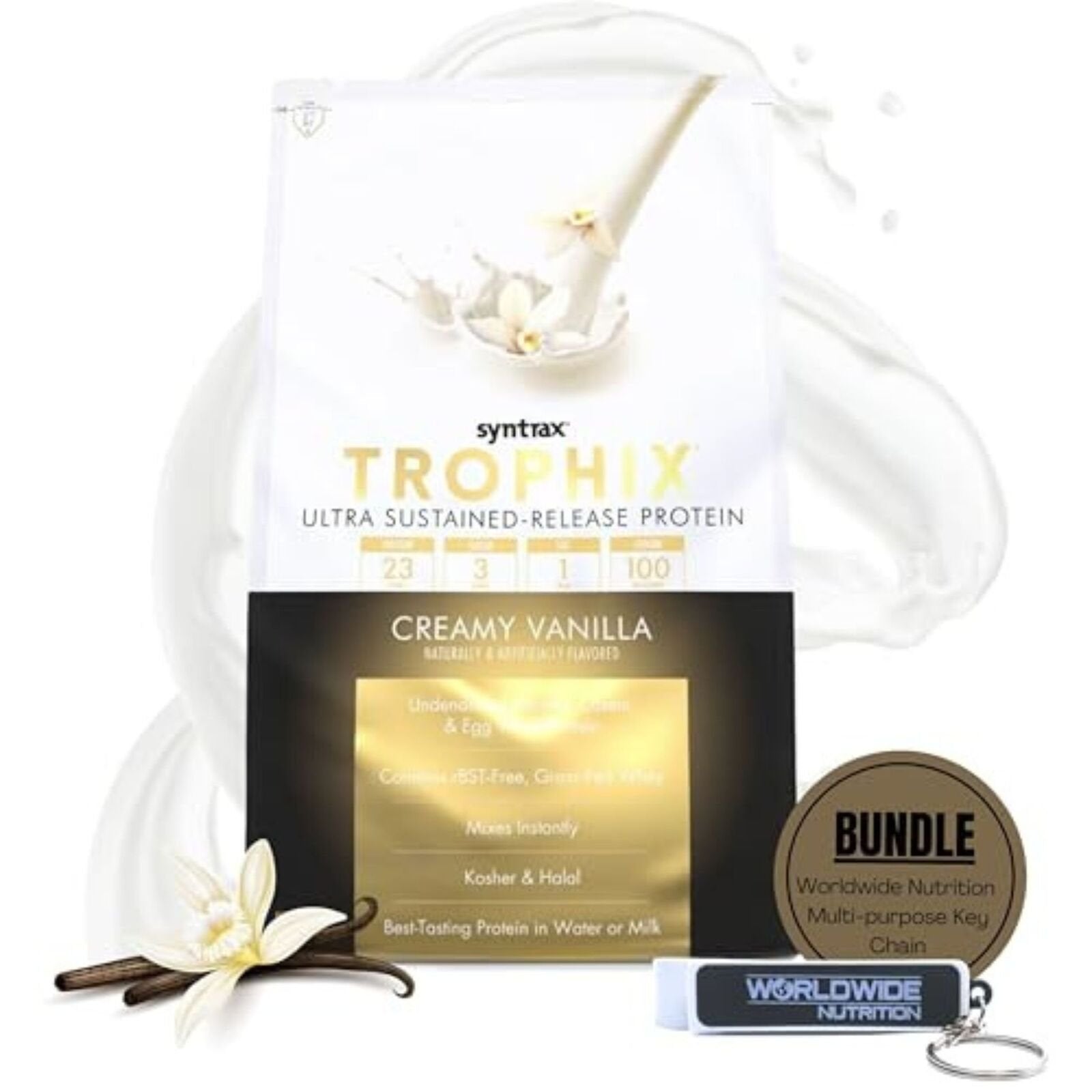 Syntrax Bundle, 2 Items: Trophix Undenatured Casein Protein - Instant Mix Whey Protein & Egg White Protein Powder and Worldwide Nutrition Keychain