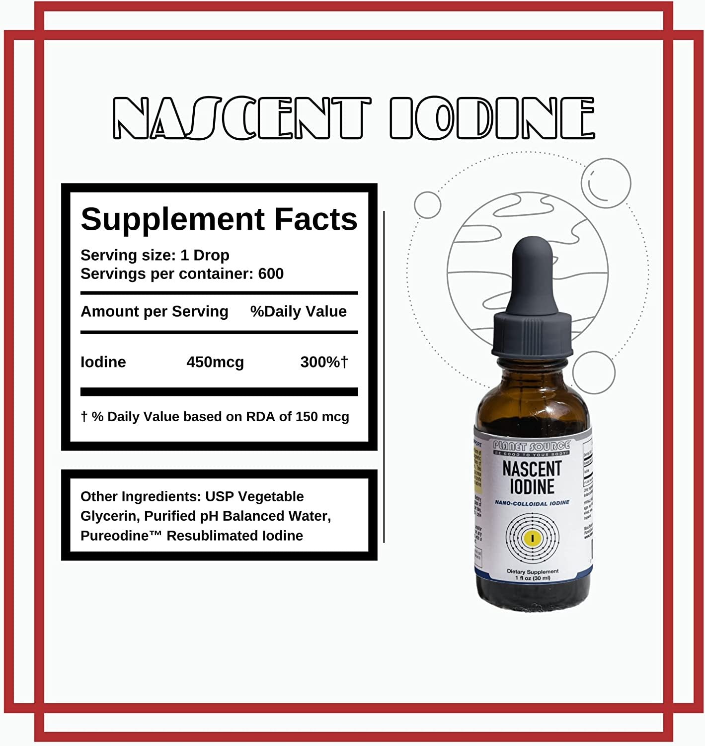 Planet Source Nascent Iodine Dietary Supplement - 1 Fl Oz Liquid Iodine Drops - Thyroid Support, Increased Energy, Immune Support, and Mental Clarity Support with Superior Absorption
