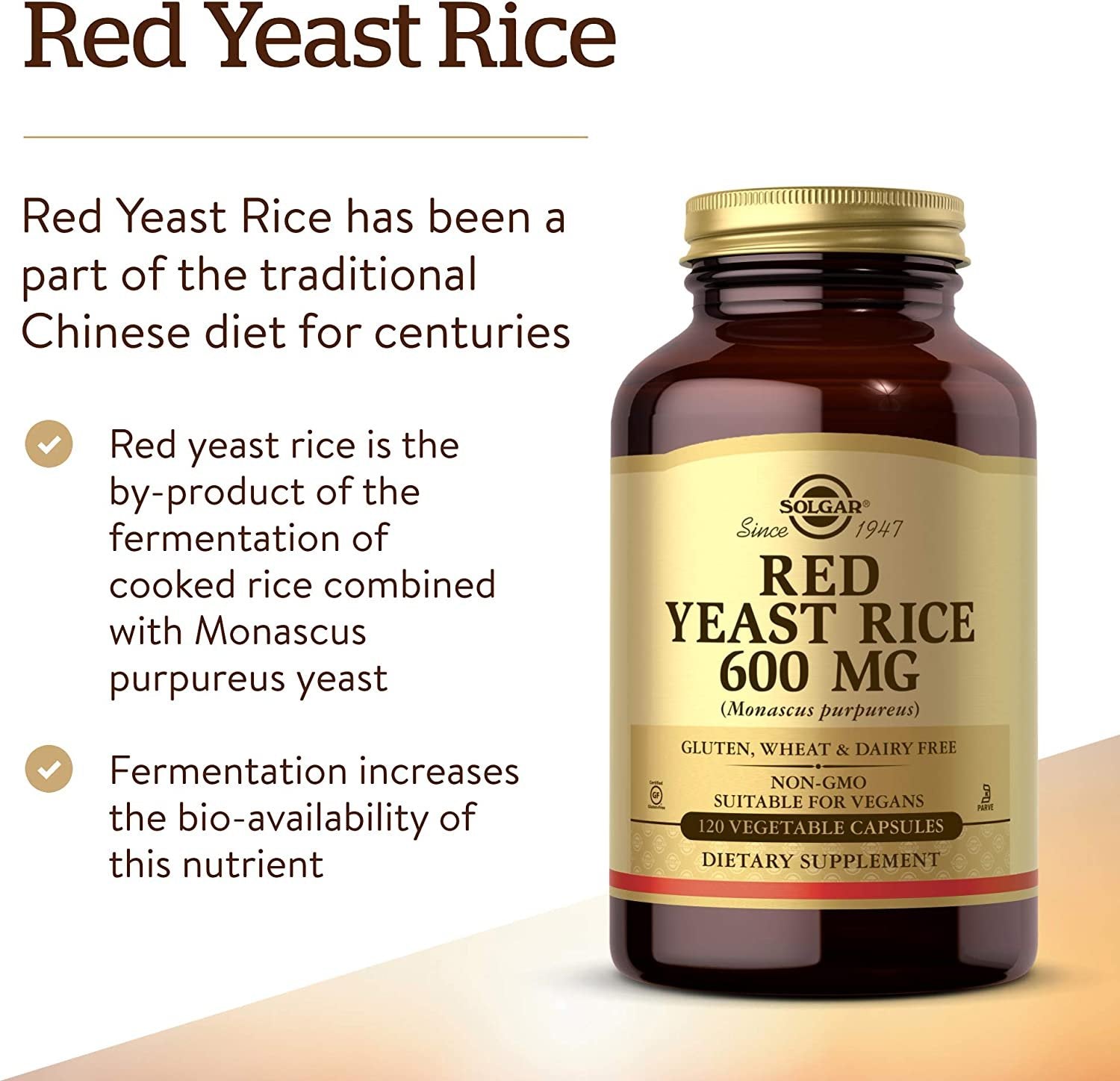 Solgar Red Yeast Rice 600 mg, 120 Vegetable Capsules - Supports Heart Health - Fermented to Increase Bioavailability - Non-GMO, Vegan, Gluten Free, Dairy Free, Kosher - 60 Servings