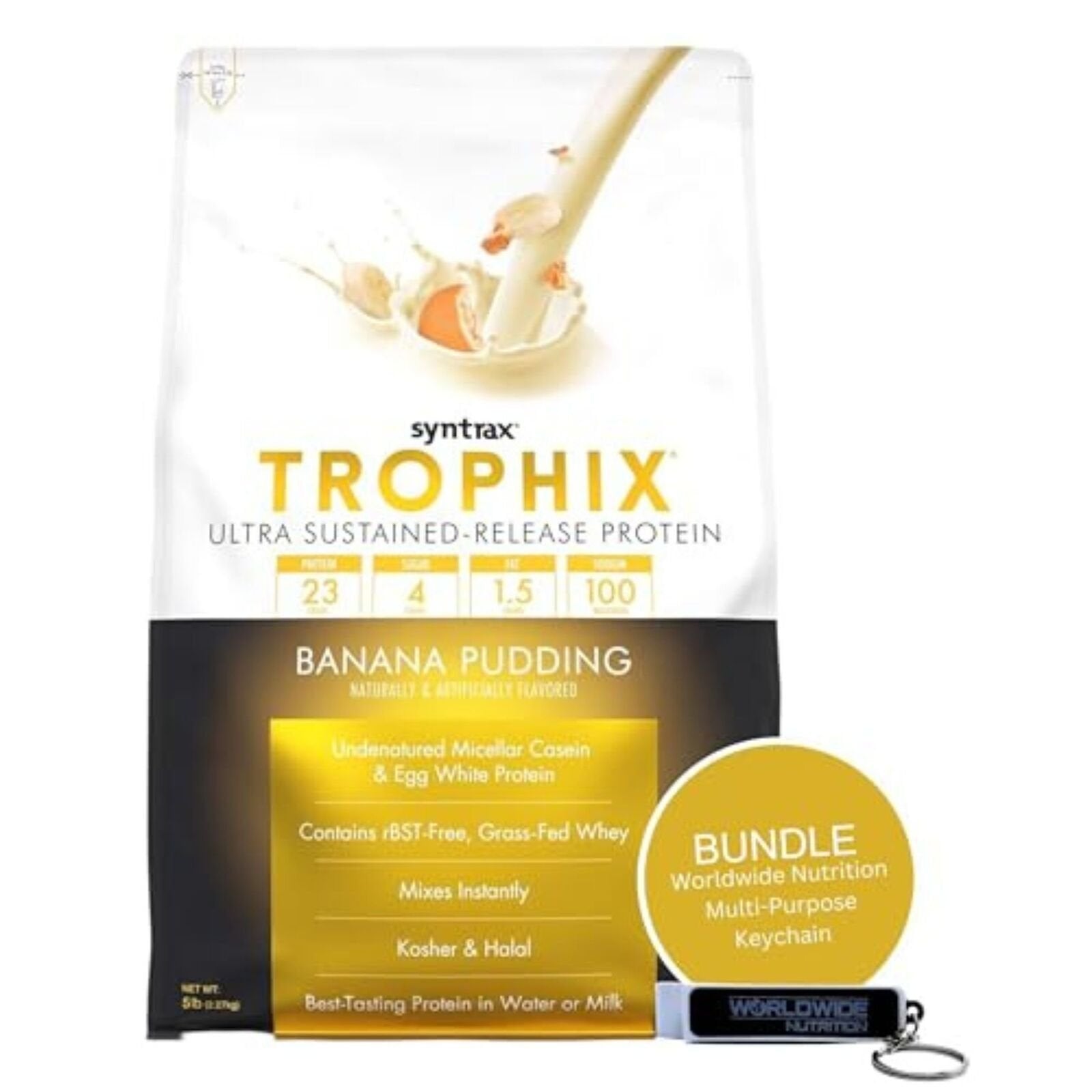 Syntrax Bundle, 2 Items: Trophix Undenatured Casein Protein - Instant Mix Whey Protein & Egg White Protein Powder and Worldwide Nutrition Keychain