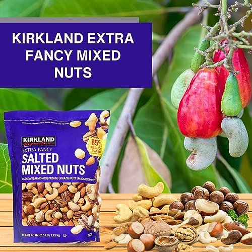 Kirkland Signature Extra Fancy Salted Mixed Nuts, 40 oz - Cashews, Almonds, Pecans, Brazil Nuts and Macadamia Nuts -  Pack of 1 with Multi-Purpose Keychain