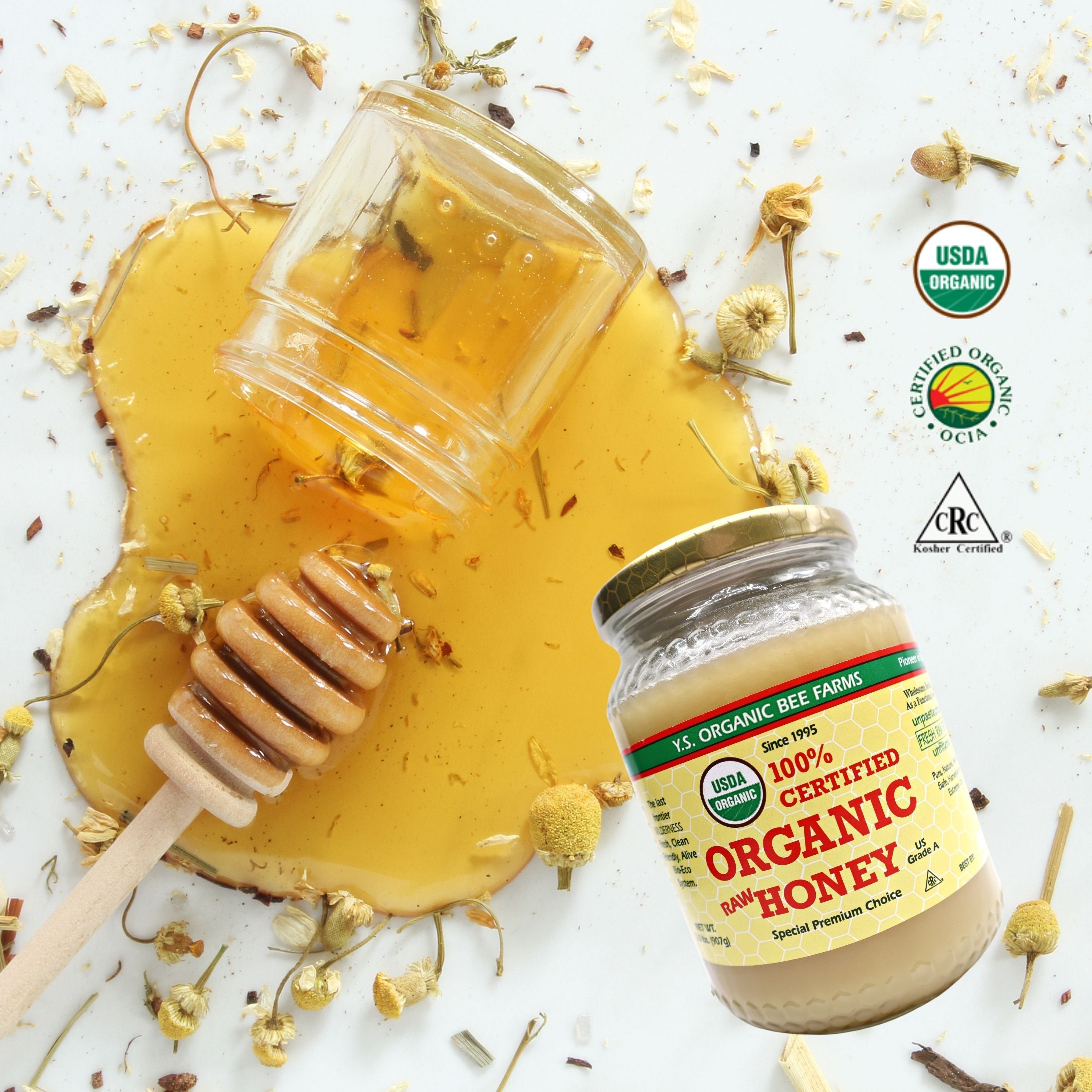 Y.S. Organic Bee Farms, 100% Certified Y.S. Organic Raw Honey, Unpasteurized, Unfiltered, Fresh Raw State, Kosher, Pure, Natural, Healthy, Safe, Gluten Free, Harvested with Extreme Care, 2 Lb