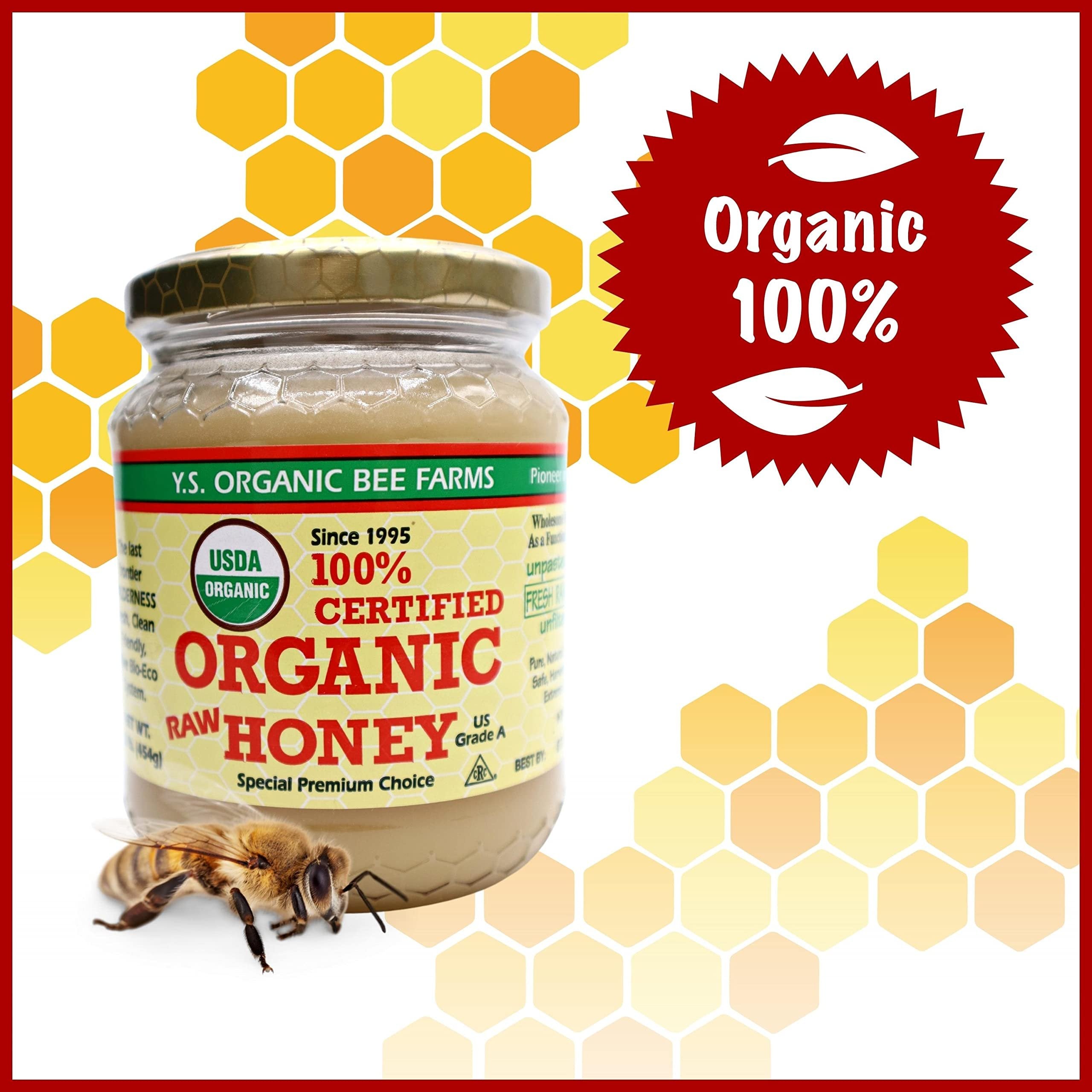 Y.S. Organic Bee Farms 100% Certified Y.S. Organic Raw Honey - Unpasteurized, Unfiltered, Pure Natural Honey - Gluten Free Organic Food and Natural Sweetener - 1 Lb Honey Jar with Bonus Key Chain