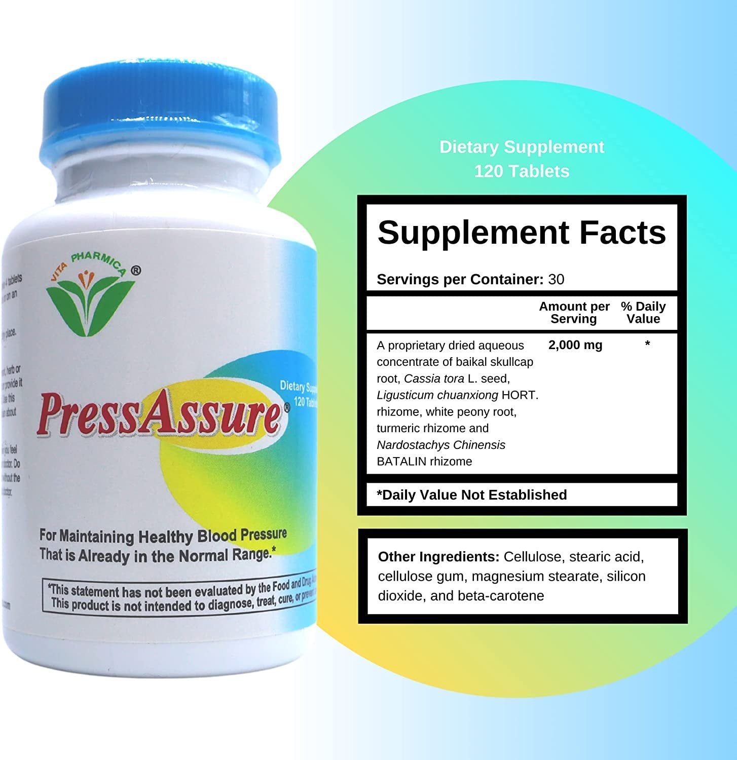 Vita Pharmica PressAssure Blood Pressure Supplements - 120 Count of Blood Pressure Tablets with Beta Carotene - USA Made, All Natural Vegan Safe Blood Pressure Support Supplement